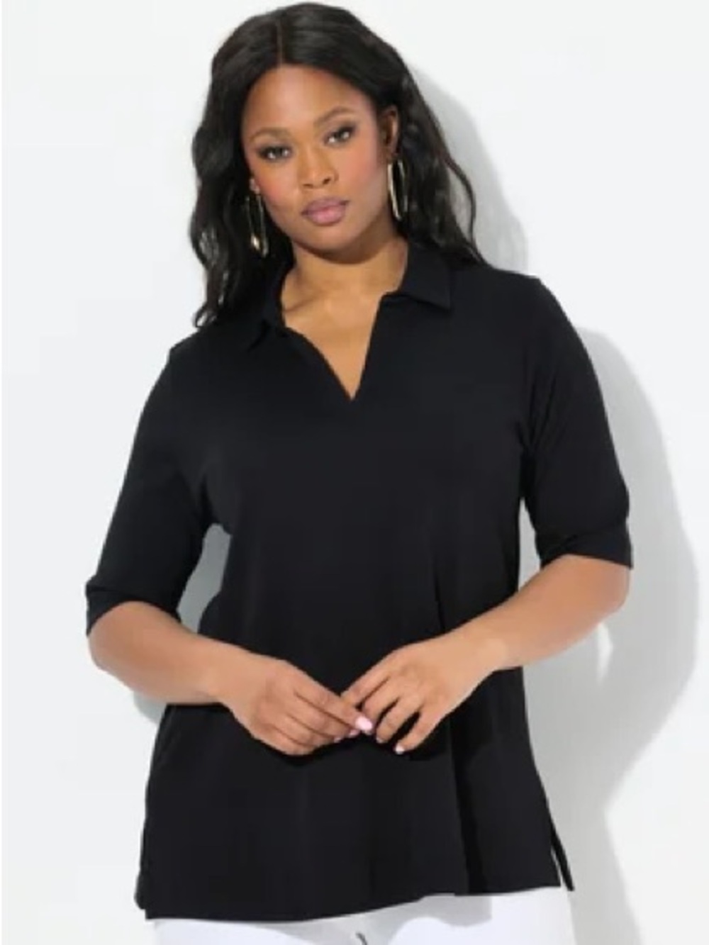 Tahari Knit Popover Polo Top Black V-Neck Cotton Size 3X Minimalist Momcore